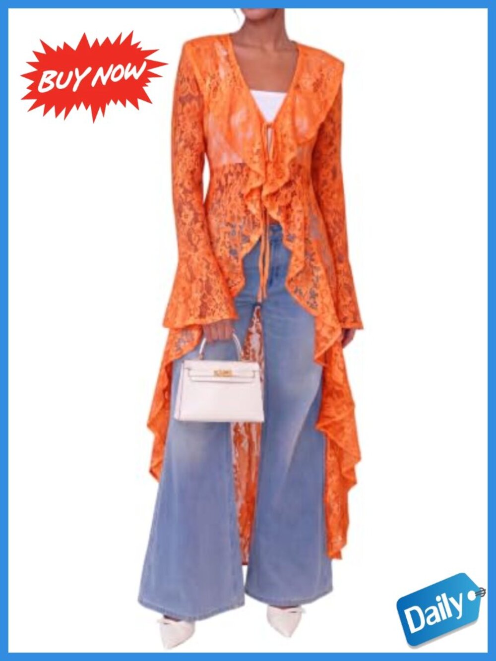 Lace Maxi Cardigan Open Front Tie Bell Sleeve Duster Swimsuit Cover Up